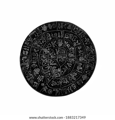 Phaistos Disc - undeciphered Minoan hieroglyphs from Bronze Age Crete (black and white clear symbols)