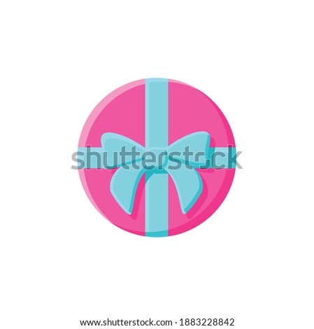 Round present flat icon. Gift box with bow ribbon, top view. Holiday congratulation, surprise concept. Holiday offer. Christmas, new year, birthday. Color vector illustration