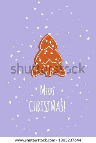 Christmas card with fir-tree shape gingerbread cookie. New Year postcard traditional winter desserts. Snowy invitation, greeting decorated with icon pastry as symbol Xmas holidays. Vector illustration