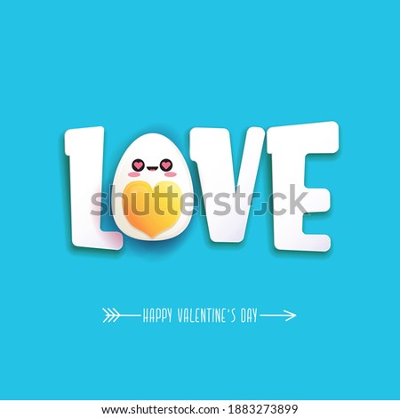 vector funny valentines day greeting card with cute egg character isolated on blue background. Happy Valentines day cartoon blue banner or poster.