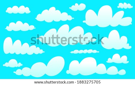 Cartoon clouds collection isolated on blue. Cute kids watercolor style sky clip art set.