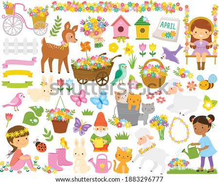 Clipart set for spring. Cute cartoon springtime items such as flowers, children, gardening tools and animals.