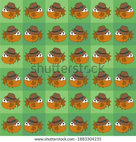 Orange Puffer Fish Wearing a Brown Hat Cute Illustration, Cartoon Funny Character, Pattern Wallpaper 