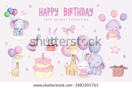 Clipart Set Happy Birthday With Cute Animal Watercolor Illustration