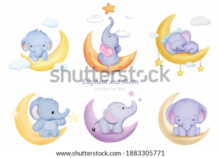 Elephant And Moon Collection Set With Watercolor Illustration
