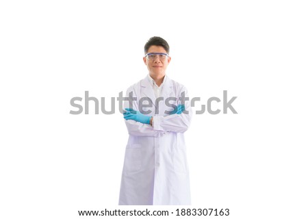 Thai Asian men wear protective goggles and chemical-resistant gloves.  isolated on white background