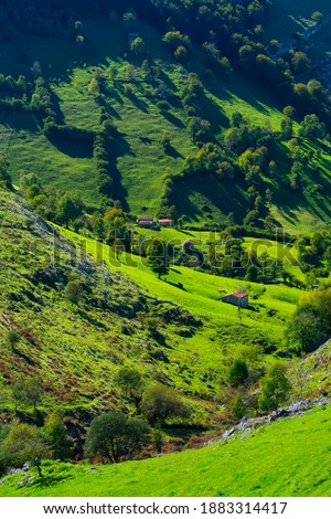 Traditional mountain landscape of shepherd hut and meadows in Miera Valley within Pasiegos valleys of Cantabria Autonomous Community of Spain, Europe
