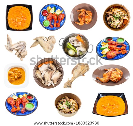collection of various cooked chicken dishes isolated on white background