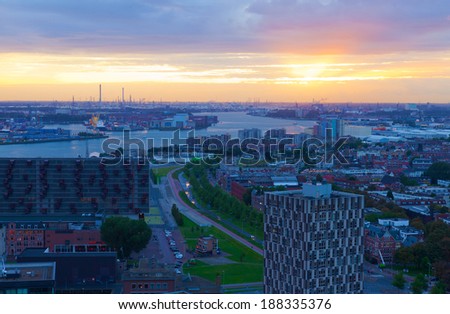 View of night Rotterdam from height, Holland