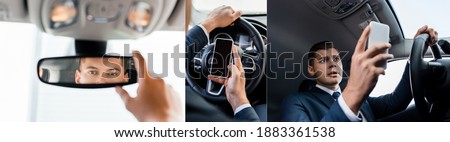 Collage of businessman using smartphone and adjusting rearview mirror in auto, banner