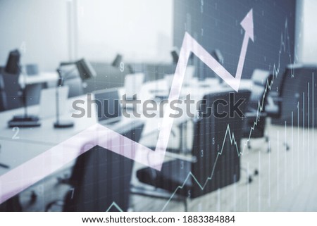 Double exposure of abstract creative financial chart and upward arrow illustration on modern corporate office background, research and strategy concept