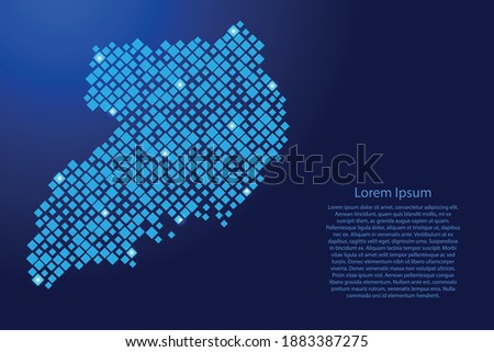 Uganda map from blue pattern rhombuses of different sizes and glowing space stars grid. Vector illustration.