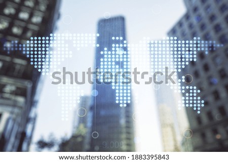 Multi exposure of abstract graphic world map on modern architecture background, big data and networking concept