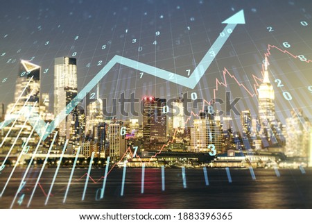 Multi exposure of virtual abstract financial graph and upward arrow on Manhattan cityscape background, financial and trading concept