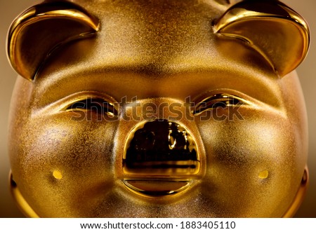 Golden saving piggy bank detail stock images. Shiny pig money box close-up stock images. Cheerful chinese gold piggy bank photo