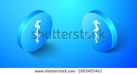 Isometric Rod of asclepius snake coiled up silhouette icon isolated on blue background. Emblem for drugstore or medicine, pharmacy snake symbol. Blue circle button. Vector.