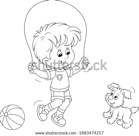 Happy little boy jumping rope with his small cute pup, black and white outline vector cartoon illustration for a coloring book page