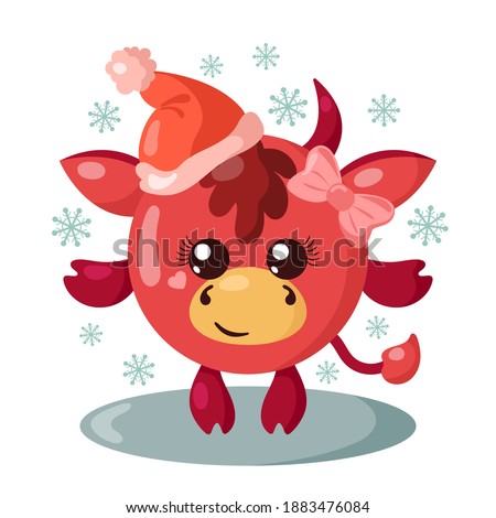 Funny cute kawaii cow with Christmas hat and round body surroundet by snowflakes in flat design with shadows. Isolated winter holiday vector illustration