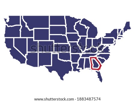 Map of Georgia. The map shows the location of Georgia in the USA. The map is colored with the colors of the USA flag. This file is appropriate for digital editing and prints of all sizes.