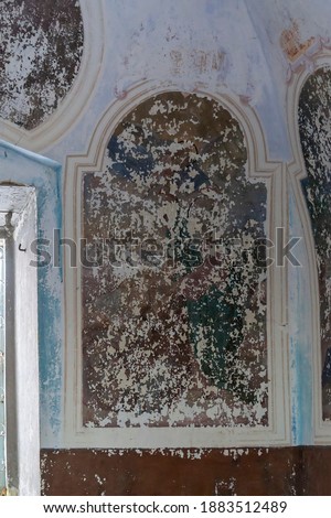 wall painting of an icon in an abandoned orthodox church, bogoroditskaya church of the village of kishino, kostroma district, russia, built in 1821, currently abandoned