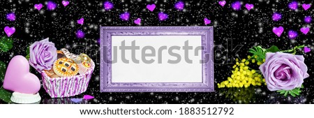 Widescreen, festive black background with text frame, flowers, chocolate heart, cookies and falling snowflakes. The Concept Of Valentine's Day