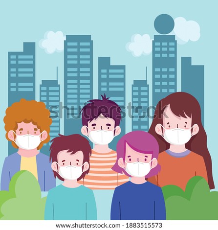New normal people cartoons with masks at city design of Covid 19 virus theme Vector illustration