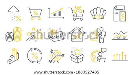 Set of Finance icons, such as Currency, Cross sell, Chart symbols. Loyalty program, Increasing percent, Target signs. 3d chart, Loan percent, Crown. Trade infochart, Payment, Special offer. Vector Royalty-Free Stock Photo #1883527435