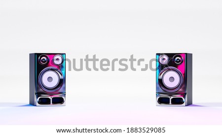 High fidelity stereo loudspeakers on white background and neon lights. Digital 3D render. Royalty-Free Stock Photo #1883529085