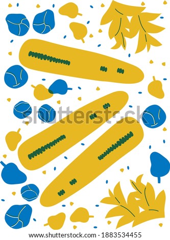 Vegetables Corn, broccoli. Funny colored typography poster, apparel print design, bar menu decoration. Vector abstract cartoon illustration. Vegetables lover concept. EPS 10. Isolated. 