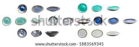 A variety of multi-colored plates of different sizes, colors and shapes on a white background right on top, at an angle and side view. selection, layout of dishes for the designer, mock up