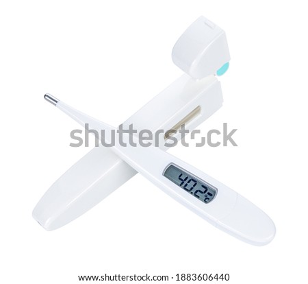 Electronic body thermometer display human body temperature 40.2 grades C (Celsius). Isolated on white. Show signs of heat
