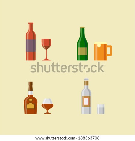 Vector illustration icon set of alcoholic drinks: wine, beer, brandy, vodka