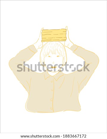Vector illustration portrait of short hair girl holding books in her head. cute smart girl Wearing a yellow shirt Beautifully draw in soft lines with blue themes. smart library girl modern simple flat