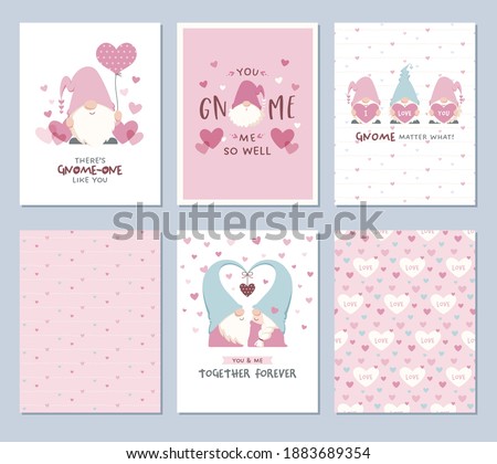 Set of love themed greeting cards and coordinated patterns featuring Scandinavian gnomes and hearts. Cute gnomes in pastel pink colors. For Valentine's Day card, poster, flyer, banner, and more.