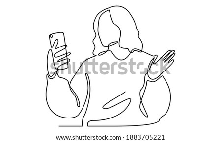 Continue line of shocked young woman looks into her smartphone Royalty-Free Stock Photo #1883705221