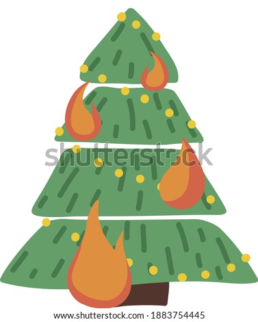 Christmas danger. Fir tree on fire. Burning fir tree. Simple, flat vector illustration. Green fir tree on flame. 