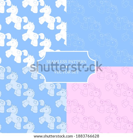Set of seamless patterns with cute  unicorns. Collection of vector illustrations for designing baby clothes, kid print, posters, cards, stickers, wallpaper, fabric, textile, gift paper