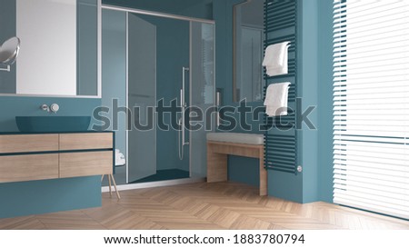 Minimalist bathroom in blue tones with sink, large shower with glass cabin, heated tower rail, wooden bench, herringbone parquet, window with venetian blinds, interior design concept, 3d illustration