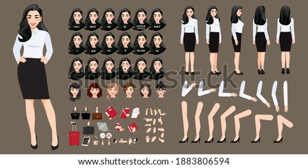 Businesswoman cartoon character creation set with various views, hairstyles, face emotions, lip sync and poses. Parts of body template for design work and animation. Royalty-Free Stock Photo #1883806594