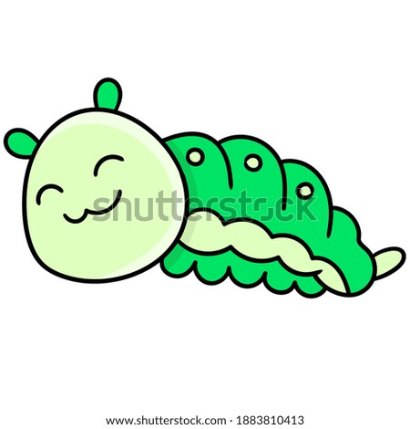 green leaf caterpillar with a smiling face, doodle icon image. cartoon caharacter cute doodle draw