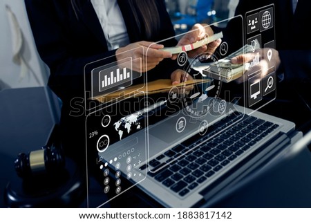 Justice and law concept. Lawyer businessman working with laptop on table office. Law innovation network icons, Blurred background.
