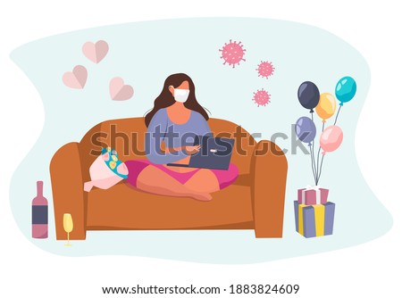 Valentine's day Celebration Online during Quarantine in Coronavirus.Couple using Laptop for Online Communication and Romantic Dating.14 February.Love  at Distance.Virtual date.Flat Vector Illustration