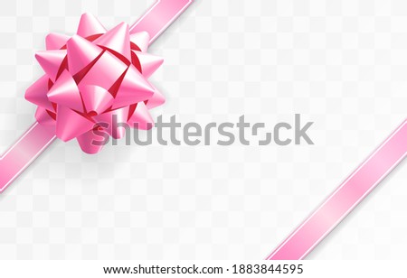 Glossy pink paper bow knot. Glowing bow with two pink ribbons isolated on transparent background. Festive decorative element. Holiday gift decoration. Greeting card template. Realistic 3d vector