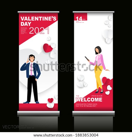 Valentine's Day, February 14. Vertical banner. Boy-girl writes phone SMS-love. Red and White Hearts, Signboard Advertising, Flyer Template Design.X-banner and street business, layout, black background