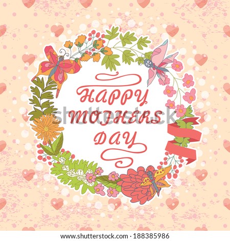 Stylish floral cards,thanks,greeting,background with flowers, plants,ribbons,polka dot,hearts in Doodle.Composition circle.Vintage vector In the style of children's hand-drawing.The best Mother's day