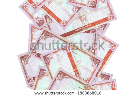20 Nepalese rupees bills flying down isolated on white. Many banknotes falling with white copy space on left and right side