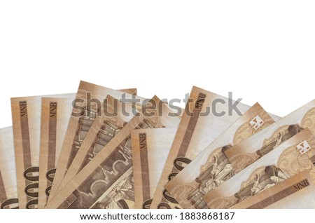 2000 Hungarian forint bills lies on bottom side of screen isolated on white background with copy space. Background banner template for business concepts with money