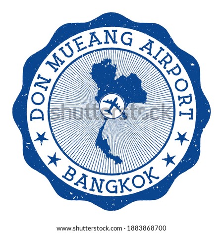 Don Mueang Airport Bangkok stamp. Airport of Bangkok round logo with location on Thailand map marked by airplane. Vector illustration. Royalty-Free Stock Photo #1883868700