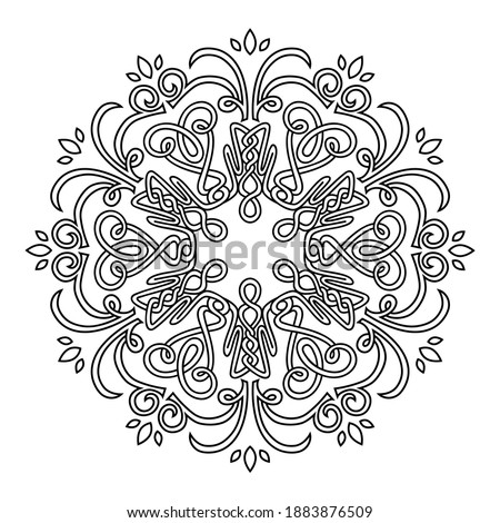 Circle pattern of swirling lines and vegetation. Print for the cover of the book, postcards, t-shirts. Illustration for rugs.