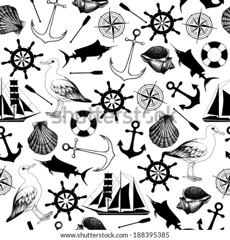 Vector seamless pattern with decorative sea elements and hand drawn sea illustrations